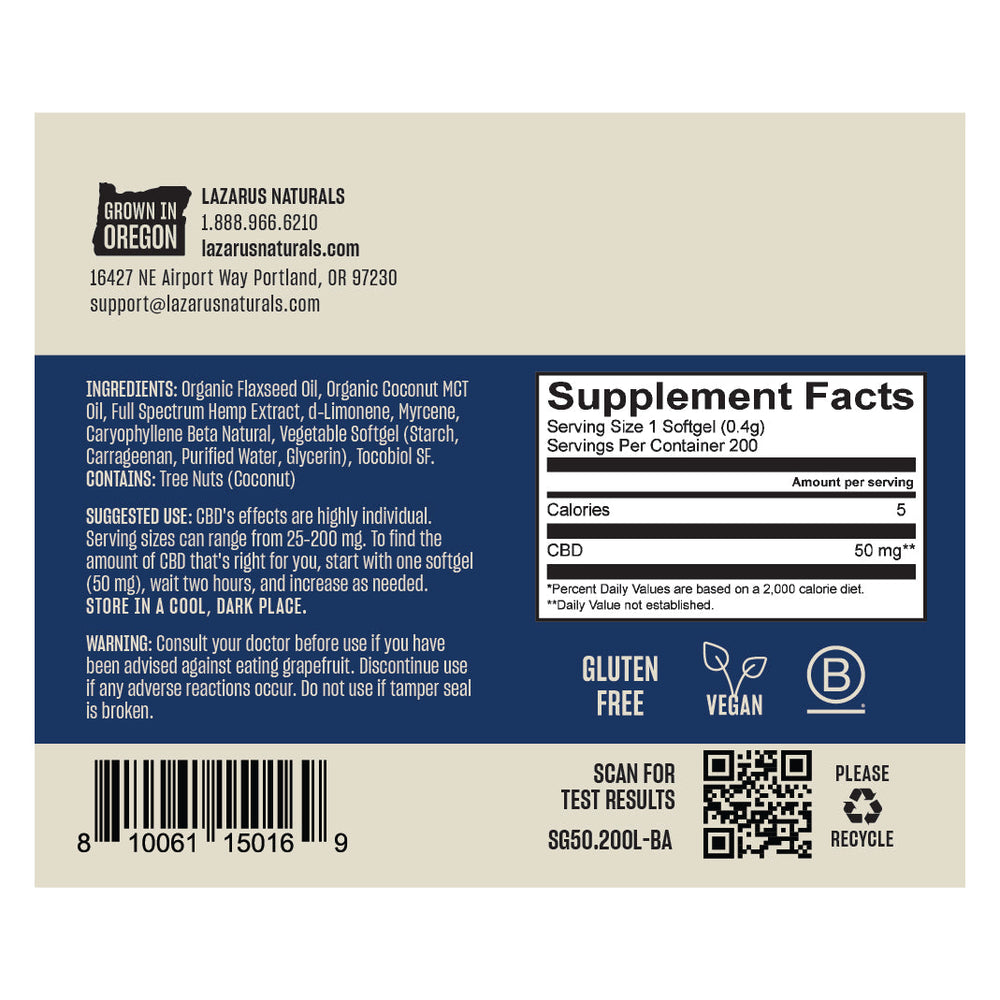 
                  
                    Lazarus Naturals CBD Softgels product label with usage instructions, ingredients, and company contact information.
                  
                