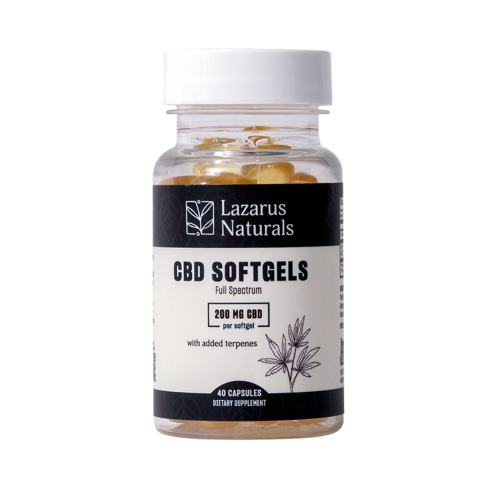 Lazarus Naturals Full Spectrum CBD Softgels, 200mg per softgel with added terpenes, 40 capsules bottle.