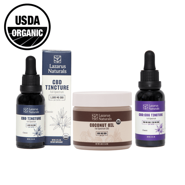 USDA Organic bundle of Lazarus Naturals CBD tincture and coconut oil products for wellness benefits.