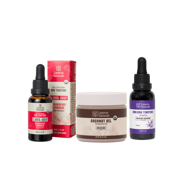 USDA organic products from Lazarus Naturals: coconut oil and full spectrum CBD tinctures in various flavors.