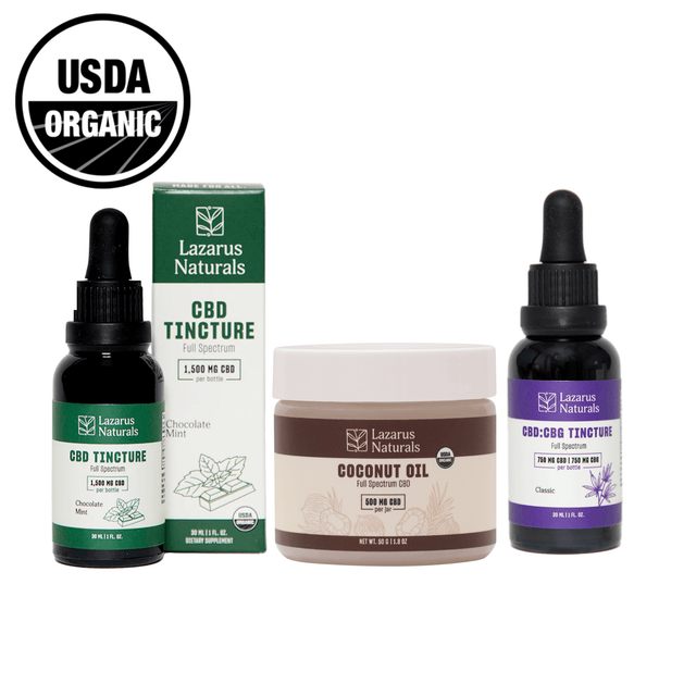 USDA organic CBD tincture and coconut oil bundle from Lazarus Naturals for wellness and skincare.