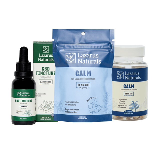 Lazarus Naturals Stress Relief Bundle featuring CBD Tincture, Gummies, and Capsules for calm and relaxation.