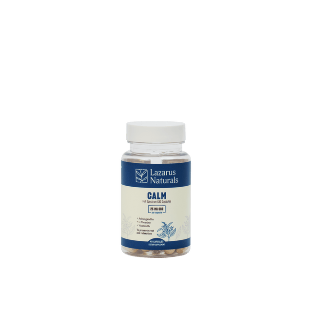 Lazarus Naturals Calm CBD capsules for stress relief, featuring 50mg of organic CBD per serving.