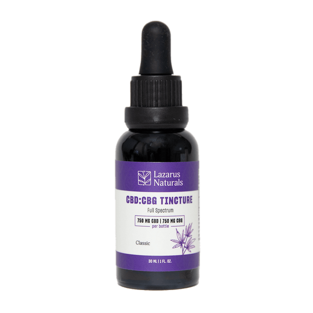 Full spectrum CBD:CBG tincture by Lazarus Naturals in a 30ml bottle, labeled classic for wellness benefits.