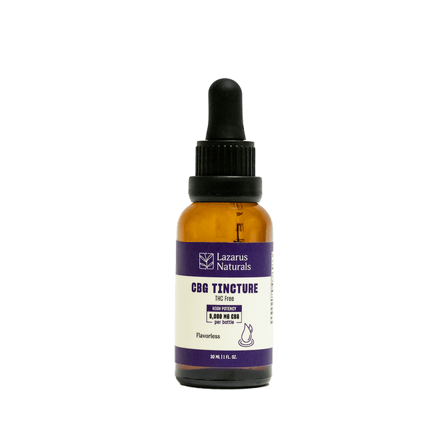 Lazarus Naturals CBG tincture in amber bottle, 30ml, flavorless formula for wellness support.