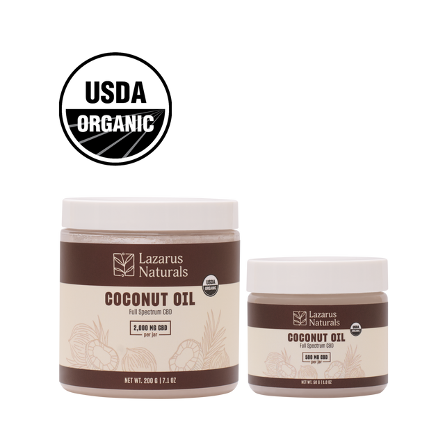 USDA ORGANIC CBD COCONUT OIL, photo of both size offerings, 200g (7.1oz) and 50g 1.8oz)