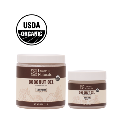 USDA ORGANIC CBD COCONUT OIL, photo of both size offerings, 200g (7.1oz) and 50g 1.8oz)