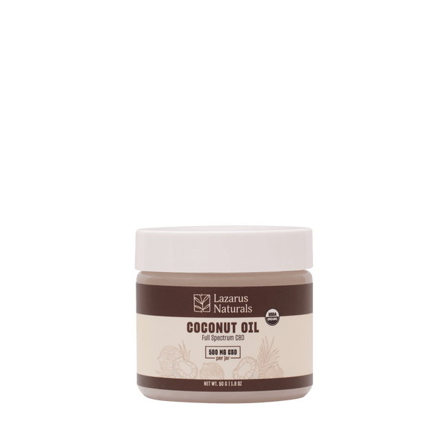 Organic coconut oil with full spectrum CBD, versatile for cooking and skincare, 500mg CBD - Lazarus Naturals.