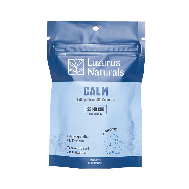 Lazarus Naturals CALM CBD gummies package, 25mg per gummy, with ashwagandha and L-theanine for relaxation.