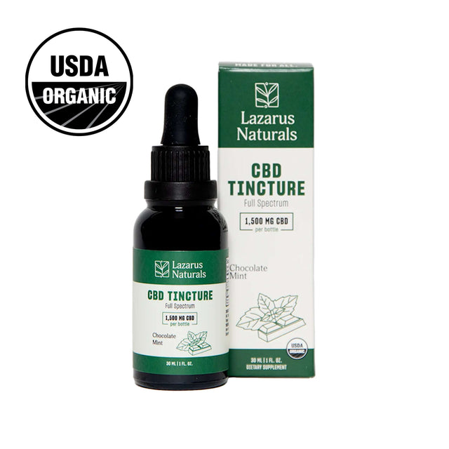 Organic CBD tincture in chocolate mint flavor, 1500 mg CBD, USDA certified organic for wellness.