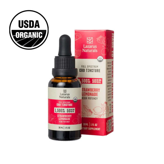 USDA organic full spectrum CBD tincture in strawberry lemonade flavor, 1500mg, 30ml bottle.