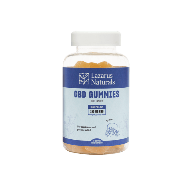 Lazarus Naturals CBD Gummies, 150mg CBD per gummy, lemon flavor, high potency for maximum relief.