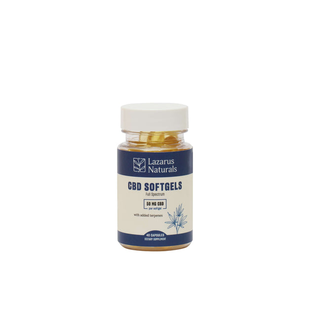 Lazarus Naturals CBD Softgels, 50mg, 40ct bottle for discreet travel-sized support.