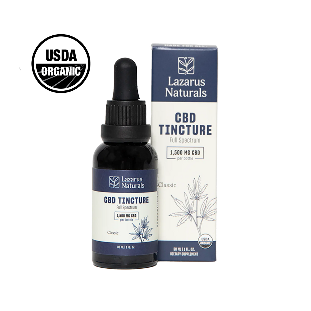 Lazarus Naturals USDA Organic CBD Tincture, Full spectrum, Classic, 1,500mg CBD per bottle. 50mg CBD per 1ml. 30ml (1 fl. oz) botte. dietary supplement. 