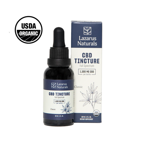Lazarus Naturals USDA Organic CBD Tincture, Full spectrum, Classic, 1,500mg CBD per bottle. 50mg CBD per 1ml. 30ml (1 fl. oz) botte. dietary supplement. 