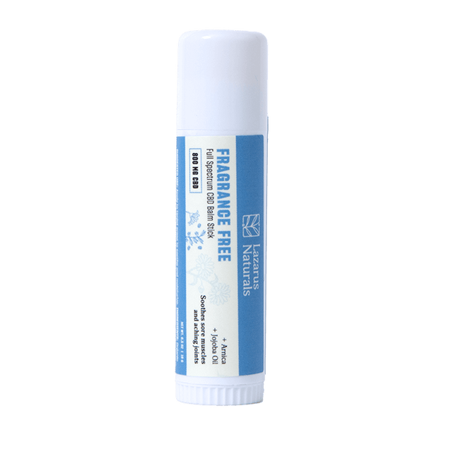 Fragrance-free CBD balm stick for targeted relief from muscle pain, featuring jojoba and beeswax.