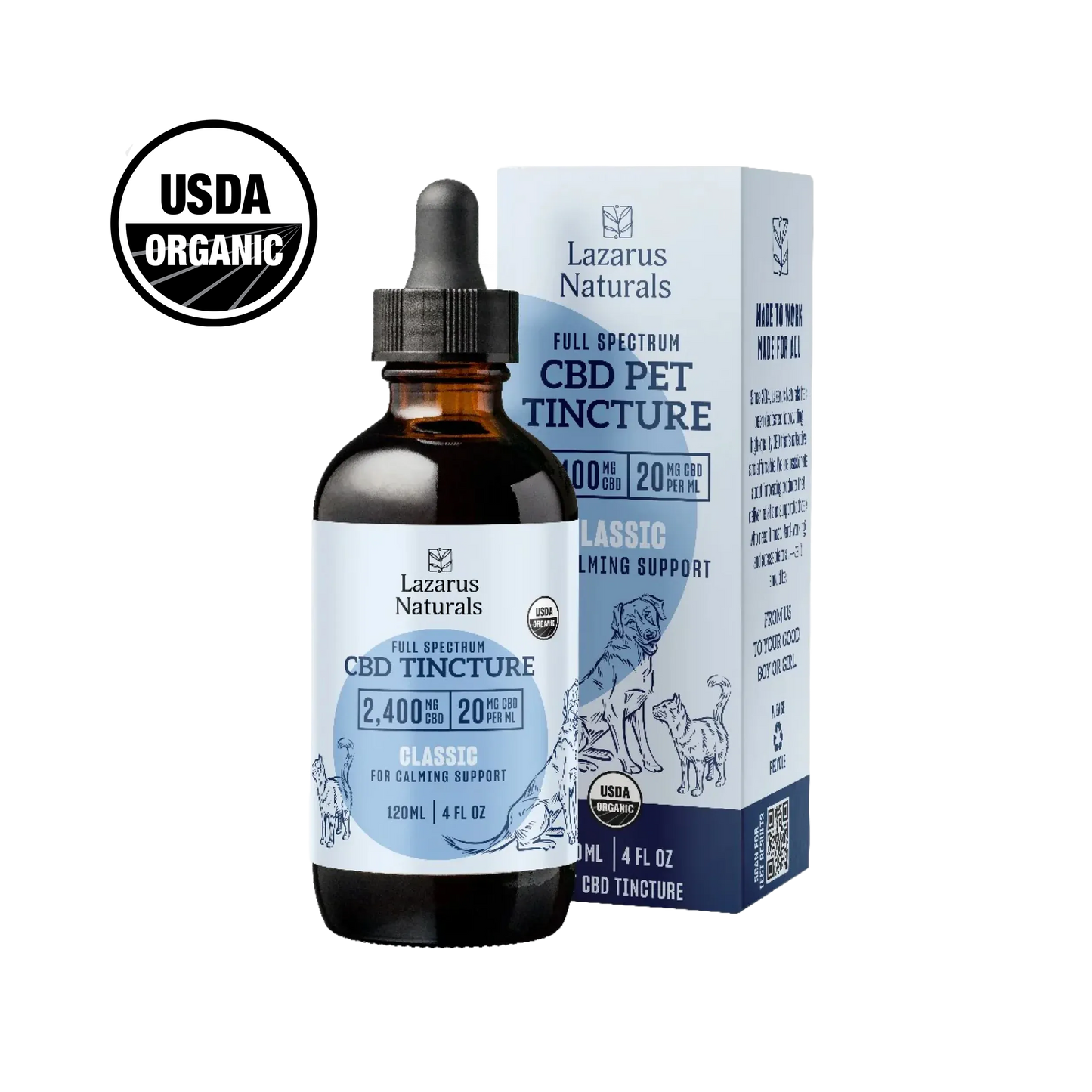 Full Spectrum CBD Pet Tincture, Classic for calming support, 2,400mg CBD 20mg CBD per 1ml. 120ml (4 fl oz) - USDA Organic
