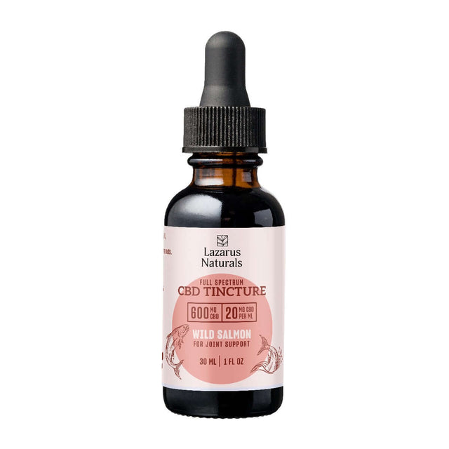 Lazarus Naturals CBD Tincture, 600mg, wild salmon flavor for joint support and overall pet wellness.