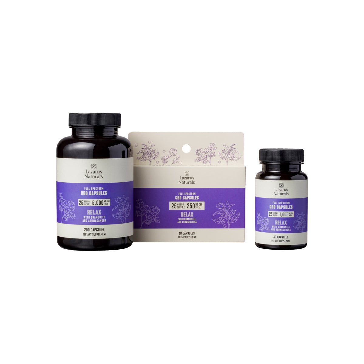 
                  
                    Lazarus Naturals Relax CBD Capsules with chamomile and ashwagandha, full spectrum, in various bottle and box sizes.
                  
                