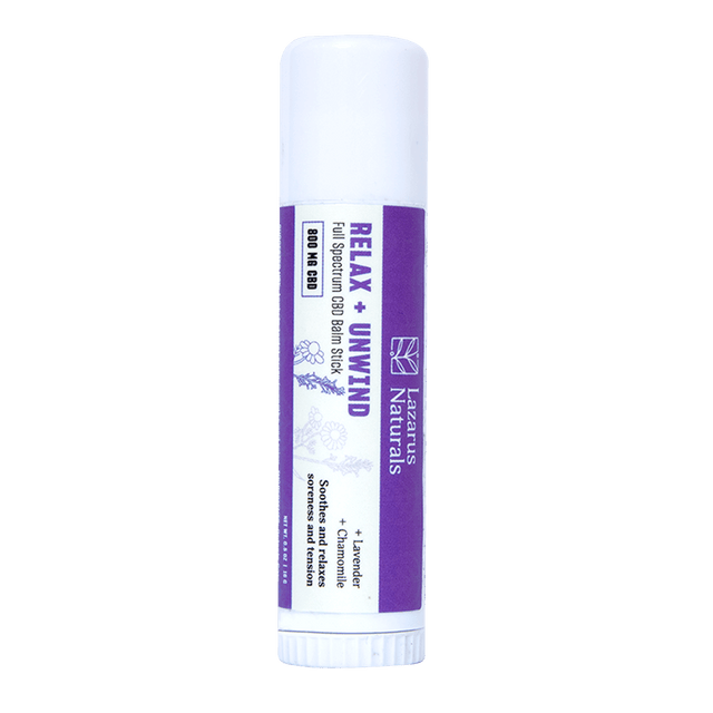 Relax and Unwind Full Spectrum CBD Balm Stick by Lazarus Naturals for soothing stress relief.