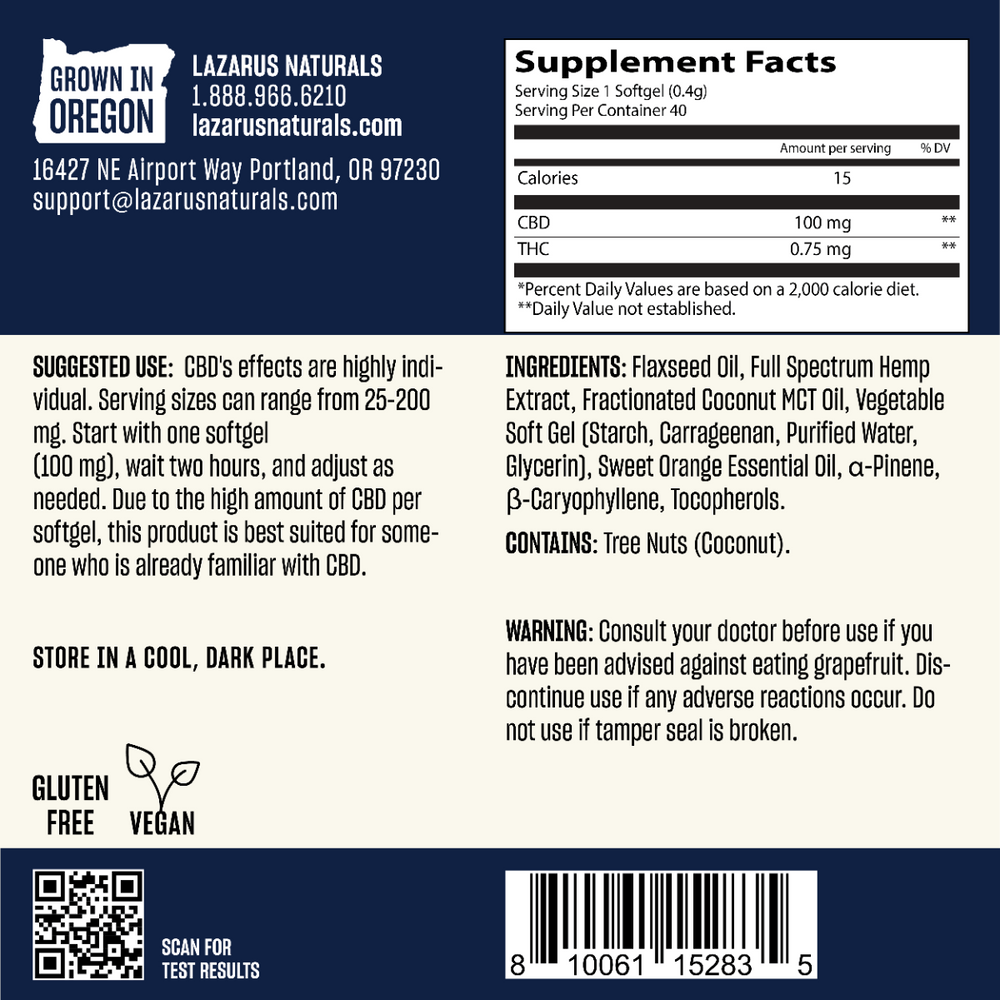 
                  
                    Lazarus Naturals CBD Softgels product label with usage instructions, ingredients, and company contact information.
                  
                