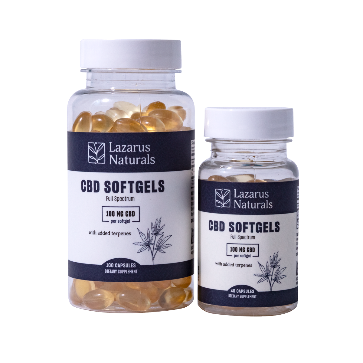 
                  
                    Two bottles of Lazarus Naturals Full Spectrum CBD Softgels with 100 capsules and 40 capsules respectively.
                  
                