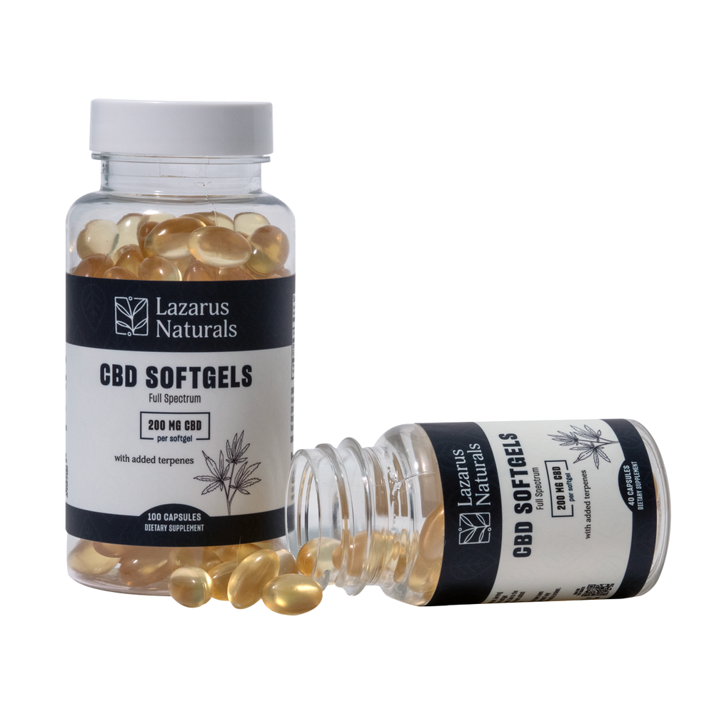 
                  
                    Two bottles of Lazarus Naturals Full Spectrum CBD Softgels with 100 capsules and 40 capsules respectively.
                  
                