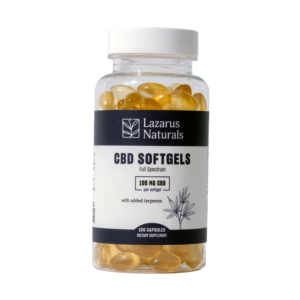 Lazarus Naturals Full Spectrum CBD Softgels, 100mg per softgel with added terpenes, 100 capsules bottle.