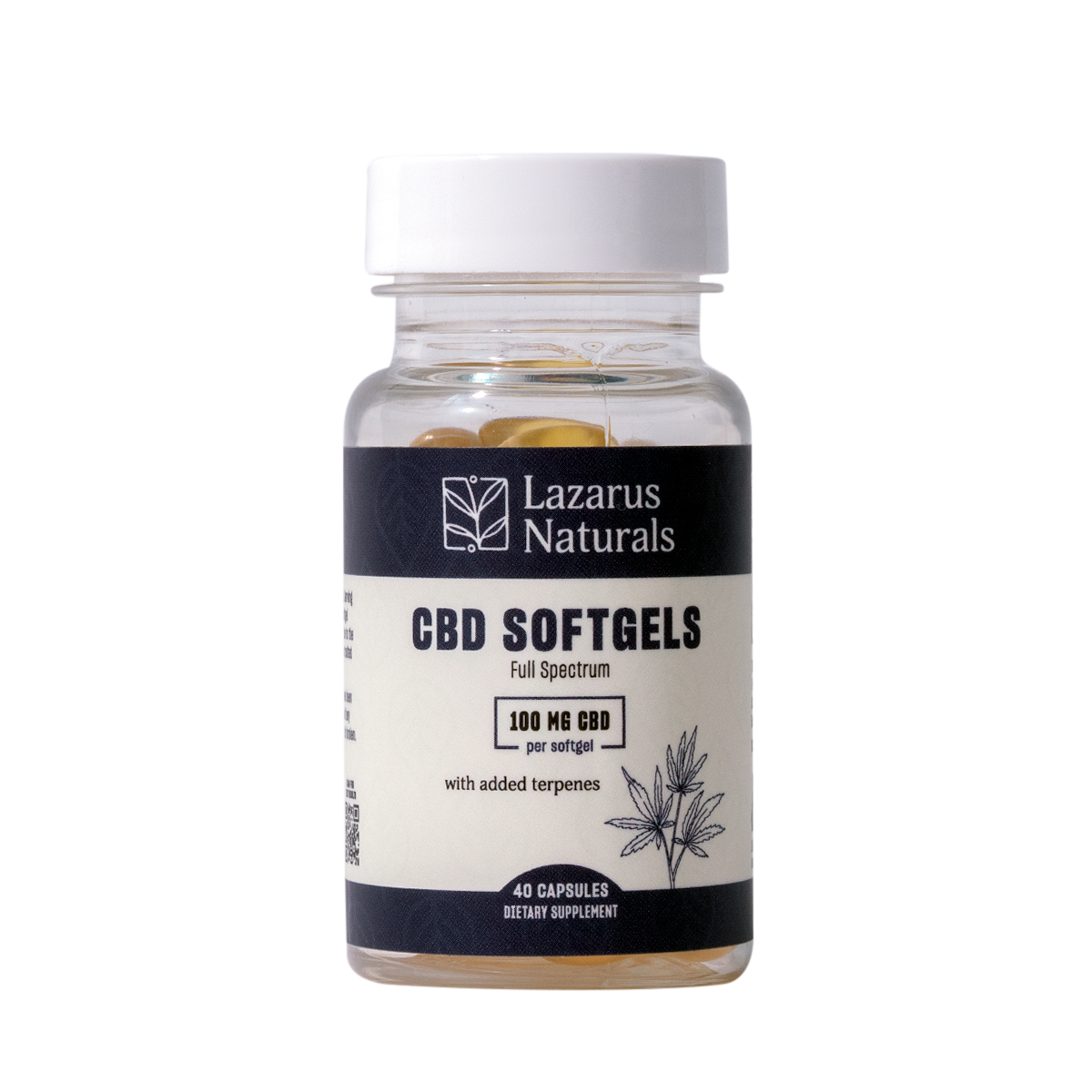 Lazarus Naturals Full Spectrum CBD Softgels, 100mg per softgel with added terpenes, 40 capsules bottle.