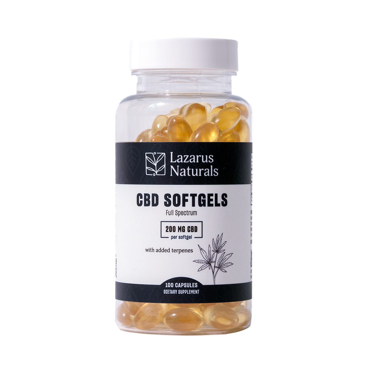 
                  
                    Lazarus Naturals Full Spectrum CBD Softgels, 200mg per softgel with added terpenes, 100 capsules bottle.
                  
                