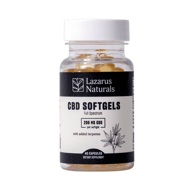Lazarus Naturals CBD softgels full spectrum 200mg per softgel in a 40-count bottle.