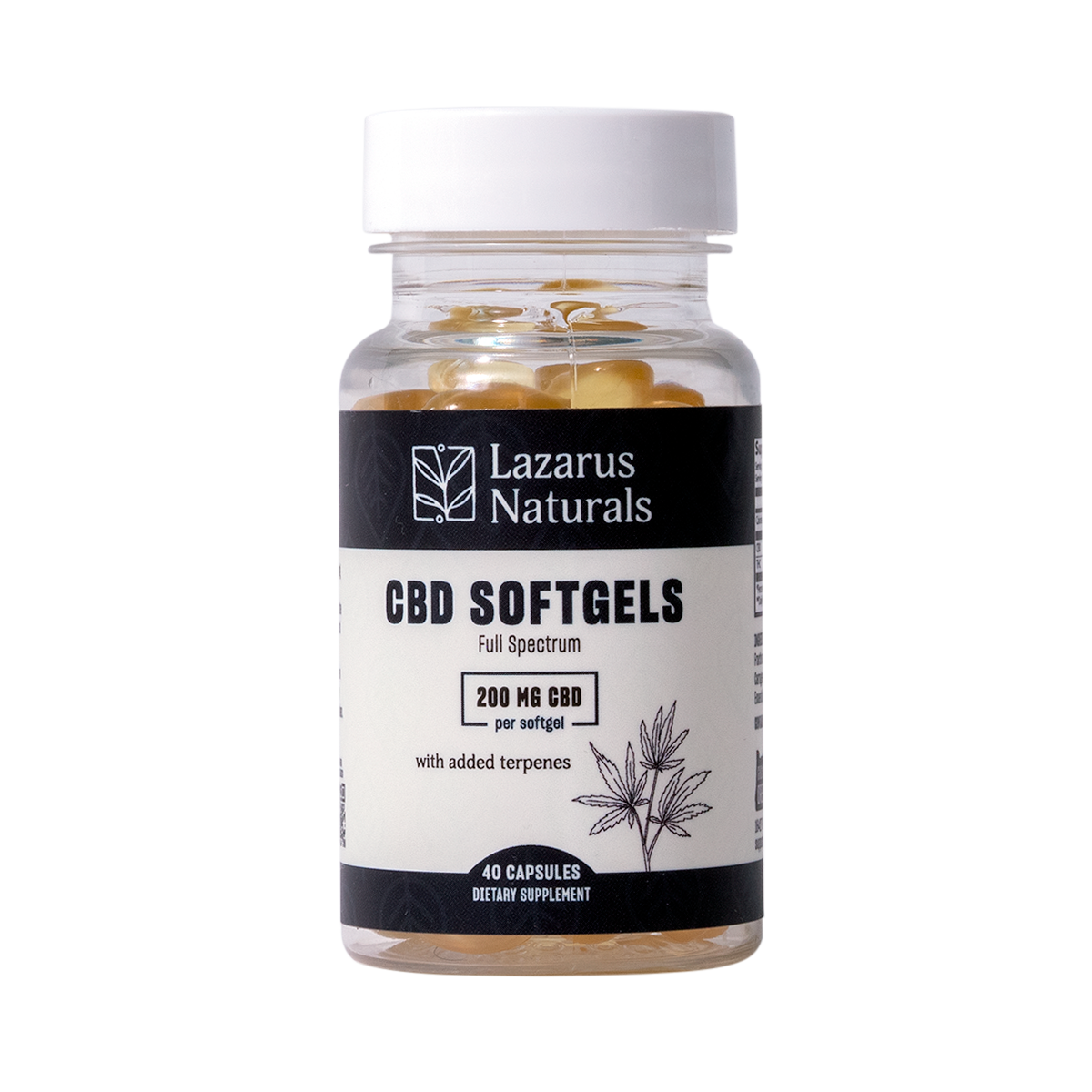 Lazarus Naturals Full Spectrum CBD Softgels, 200mg per softgel with added terpenes, 40 capsules bottle.