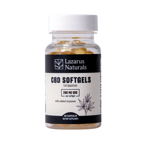 Lazarus Naturals Full Spectrum CBD Softgels, 200mg per softgel with added terpenes, 40 capsules bottle.