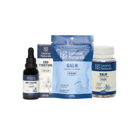 Lazarus Naturals Stress Relief Bundle featuring CBD Tincture, Gummies, and Capsules for calm and relaxation.