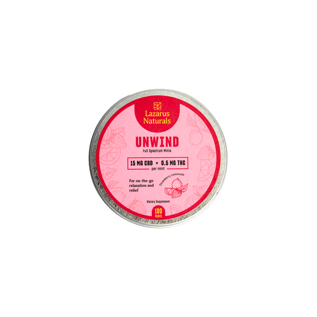 Lazarus Naturals Unwind full spectrum mints with 15mg CBD and 0.5mg THC for on-the-go stress relief.